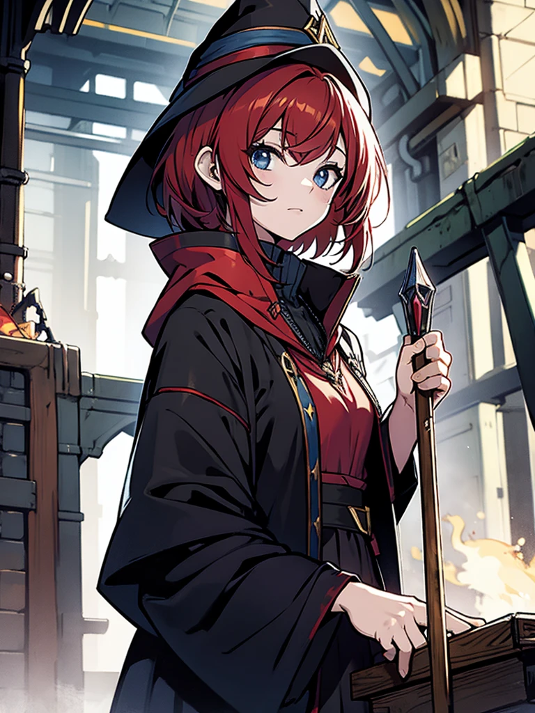 Red hair, short bob hair, wizard's hat, black clothes, wizard's wand, potion, teenage girl,