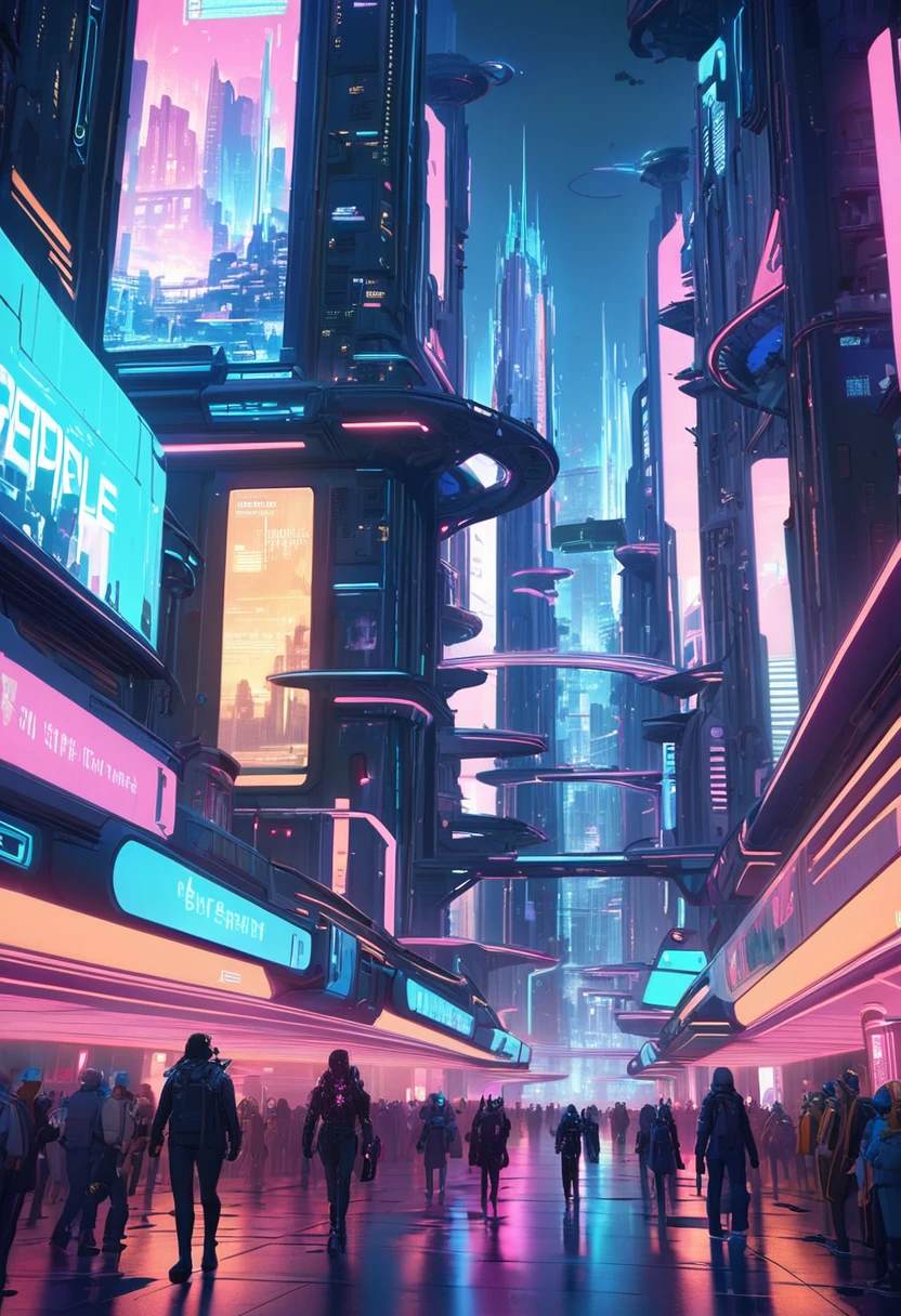 People walking through the city at night with a large clock tower in the background々, In a futuristic cyberpunk city, Futuristic cyberpunk scenario, Highly praised Earth Station and Beeple, Fantasy sci-fi city, sci-fi cyberpunk city street, Bustling Cyberpunk City, 3D rendering beeple, cinematic beeple, cyberpunk city street, Beeple Style