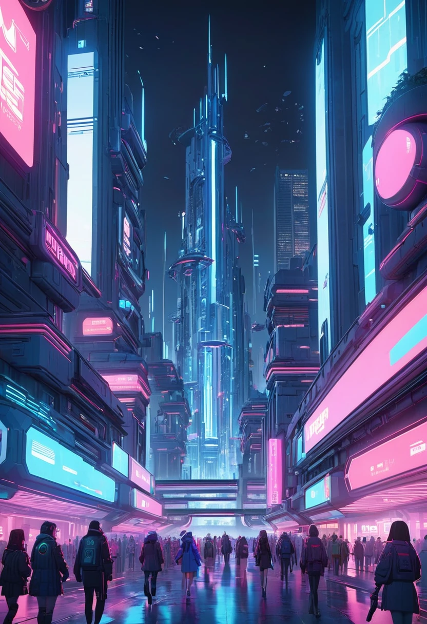 People walking through the city at night with a large clock tower in the background々, In a futuristic cyberpunk city, Futuristic cyberpunk scenario, Highly praised Earth Station and Beeple, Fantasy sci-fi city, sci-fi cyberpunk city street, Bustling Cyberpunk City, 3D rendering beeple, cinematic beeple, cyberpunk city street, Beeple Style