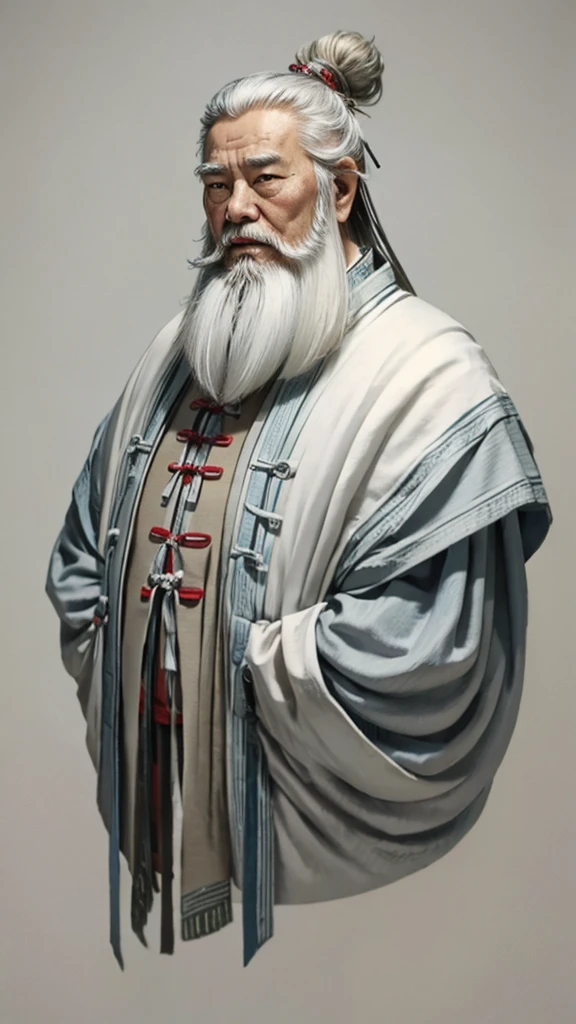 Oriental、Old man in plain white ancient Chinese costume、Ancient Chinese hairstyle old man、Highest quality、masterpiece、Ultra-high resolution、(Realistic:1.4)、Game Poster、Crisp and beautiful image quality、Gray Hair、white and long beard,,(whole body)、Dragging the hem、