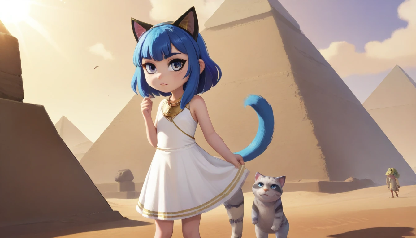 1girl，Artist Name，Egyptian cat，Blue Hair，skin，Keep your mouth shut，Wear，whole body，solo，Standing，猫Tail，Keep your mouth shut，Wear，Looking at the audience,Animal Crossing Furry, Blue Hair, Hair accessories, 黄skin, black eyes, White Dress, Tail, Egyptian Pyramids，mummy，Sunlight，sunny，(masterpiece), ((best quality), Detailed background, masterpiece, best quality, high quality, absurd, The award-winning, professional, Very detailed