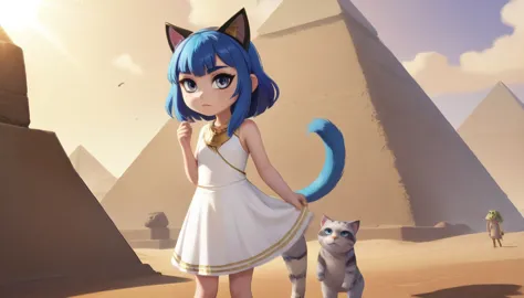 1girl，artist name，egyptian cat，blue hair，skin，keep your mouth shut，wear，whole body，solo，standing，猫tail，keep your mouth shut，wear...