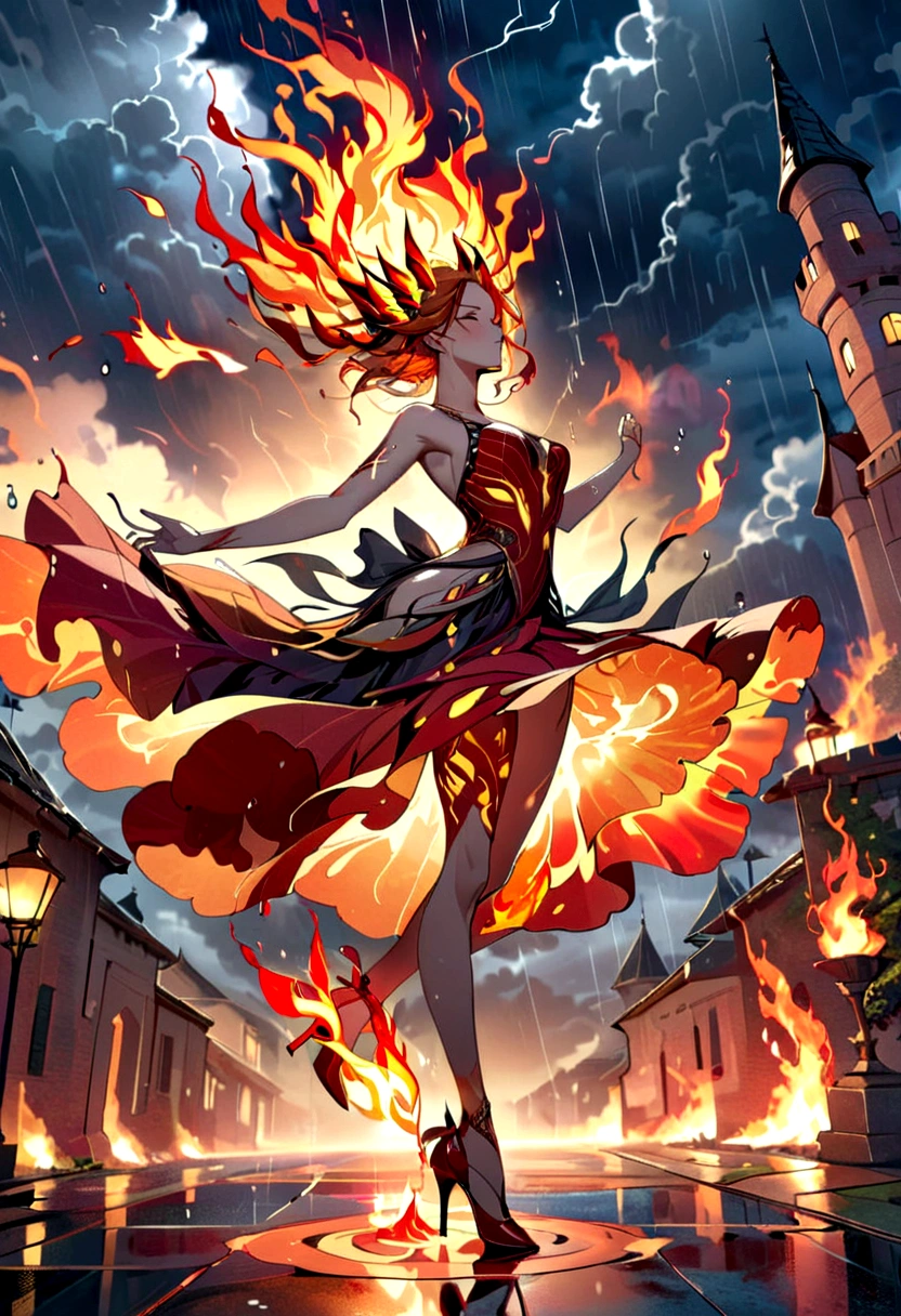 a sorceress of fire making fire dance in a the (storm of rain: 1.3), a most exquisite beautiful sorceress, controlling fire manipulating fire, a woman, dynamic hair color, dynamic hair style, wet hair, wet face, dynamic eyes color, full body shot, wearing dress made of fire, wearing intricate high heels, light make up, dancing in courtyard of a fantasy castle, ((heavy rain drops: 1.1)), clouds in the sky,  (anatomically correct: 1.4), (full body shot: 1.1) , vibrant, Ultra-high resolution, High Contrast, (masterpiece:1.5), highest quality, Best aesthetics), best details, best quality, highres, ultra wide angle, 16k, [ultra detailed], masterpiece, best quality, (extremely detailed),  firecd_xl, phoenix dress, FireMagicAI