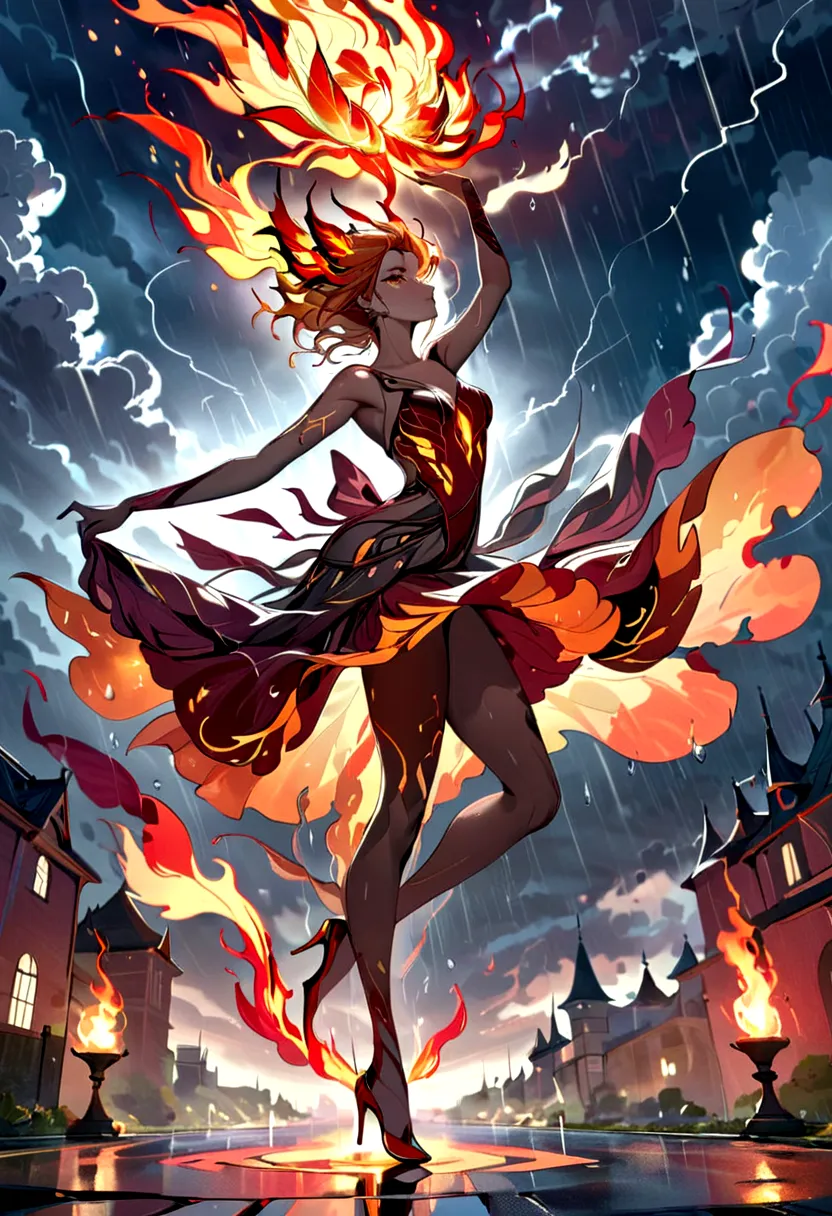 a sorceress of fire making fire dance in a the (storm of rain: 1.3), a most exquisite beautiful sorceress, controlling fire mani...