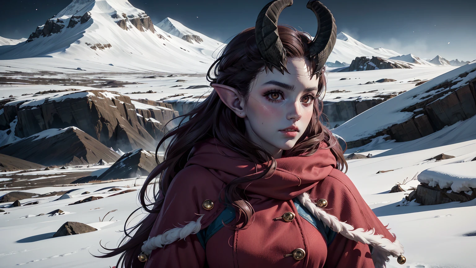 ((ultra detailed, masterpiece, best quality))
BGAlfira, long hair, colored skin, horns, demon girl, exploring the vast, icy expanse of the Arctic, wrapped in a warm fur-lined coat
