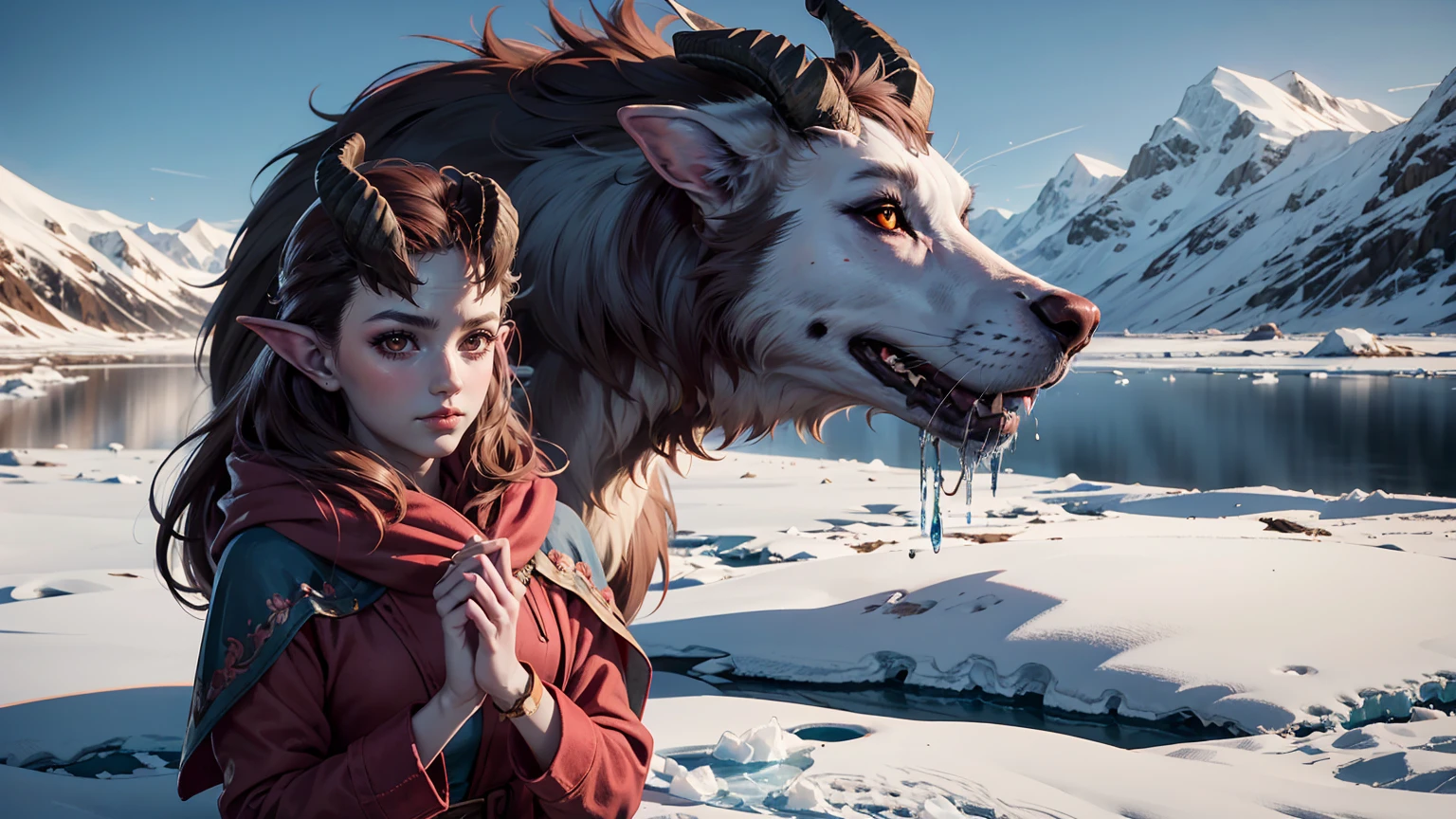 ((ultra detailed, masterpiece, best quality))
BGAlfira, long hair, colored skin, horns, demon girl, exploring the vast, icy expanse of the Arctic, wrapped in a warm fur-lined coat