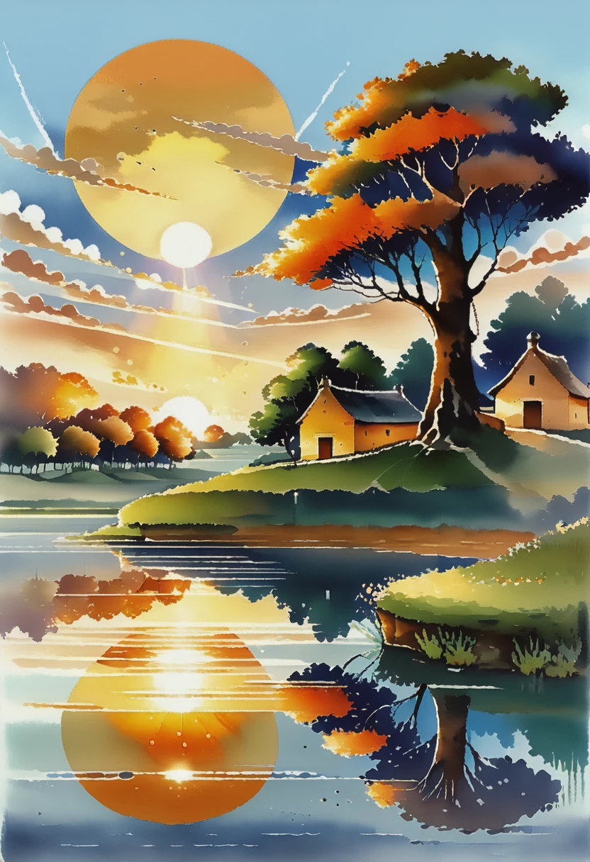 This is a beautiful landscape photo of a village by a lake during sunset. The sky is orange and the sun is shining through the trees, creating a warm and serene atmosphere. 4k, anime