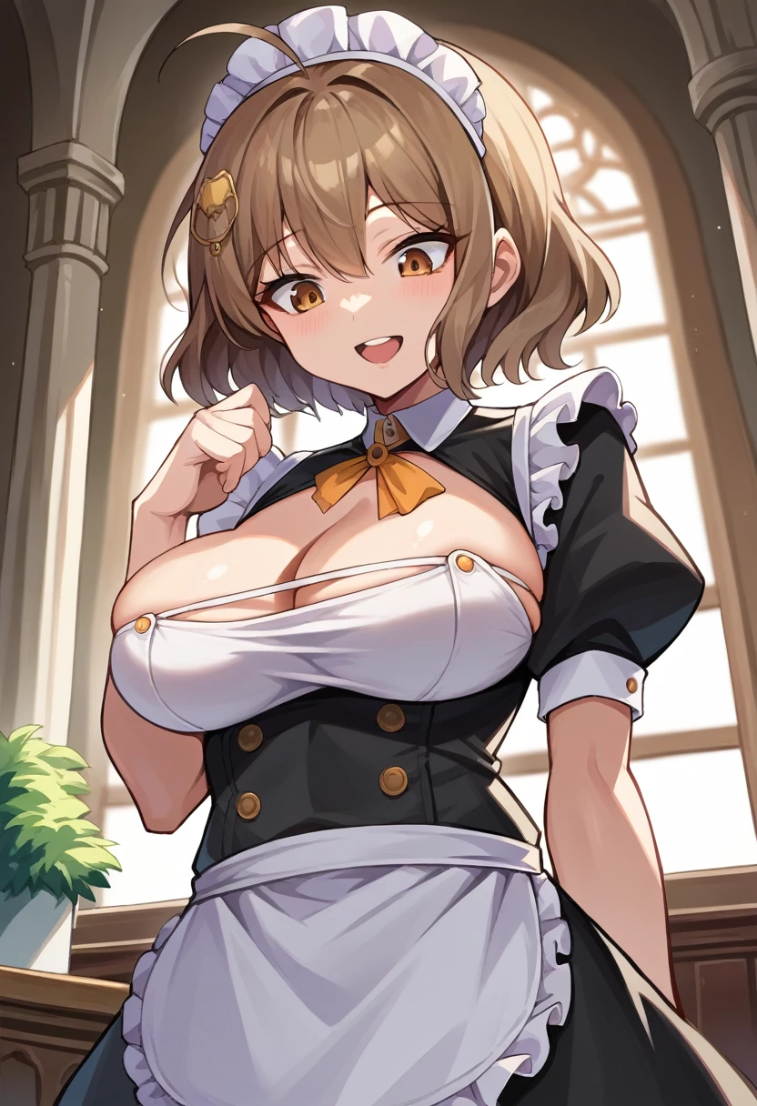 score_9, score_8_up, score_7_up, source_anime BREAK anisrnd, ahoge, short hair, brown hair, mansion, room, big breasts, looking down, open mouth, smile, maid