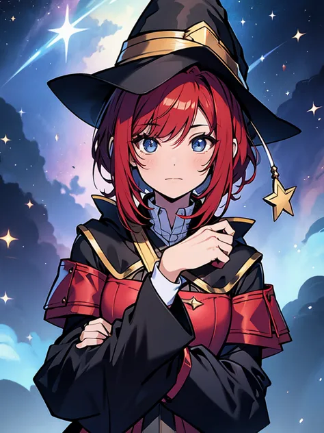 Teenage girl with red hair, short bob hair, wizard's hat, black clothes, wizard's wand, potion, starry sky background