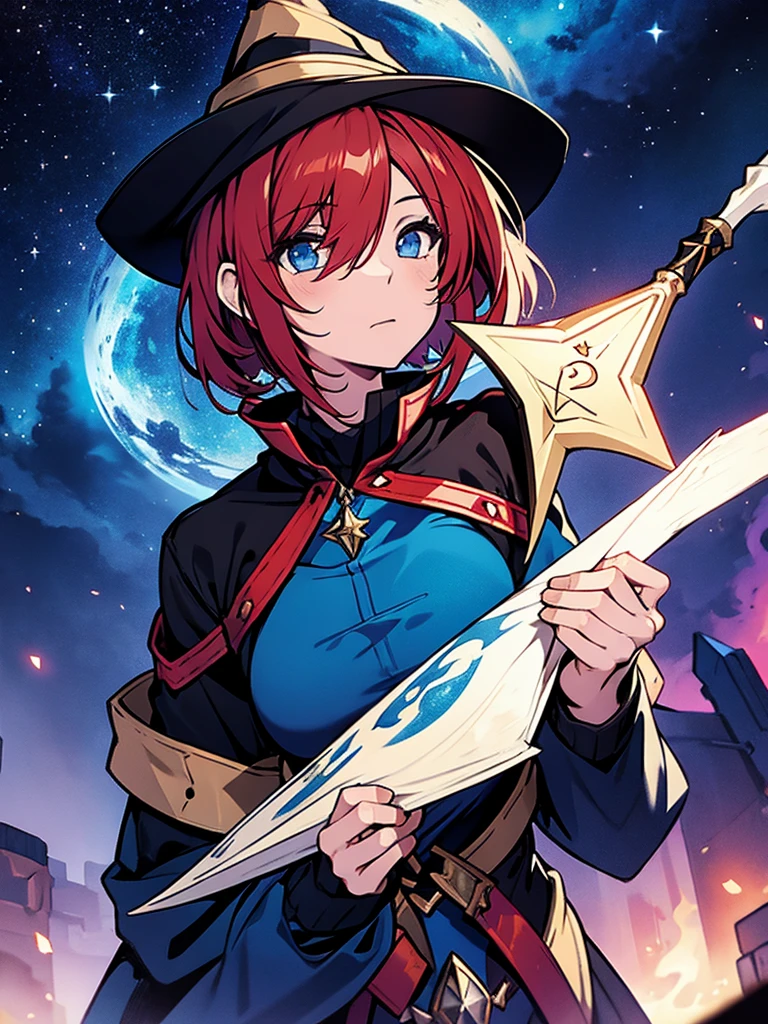 Teenage girl with red hair, short bob hair, wizard's hat, black clothes, wizard's wand, potion, starry sky background