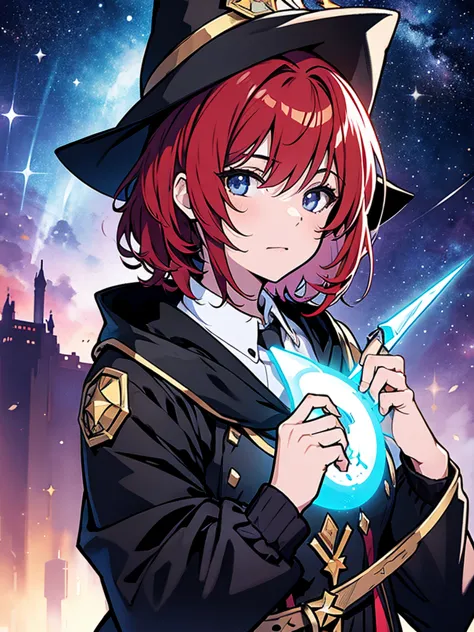 Teenage girl with red hair, short bob hair, wizard's hat, black clothes, wizard's wand, potion, starry sky background