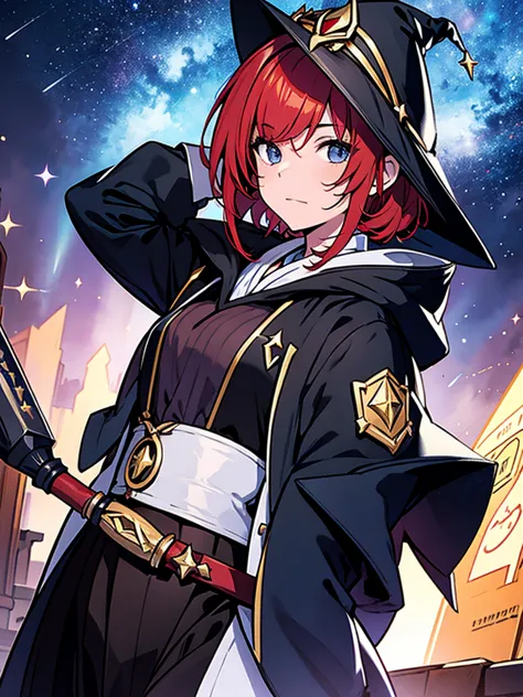 Teenage girl with red hair, short bob hair, wizard's hat, black clothes, wizard's wand, potion, starry sky background