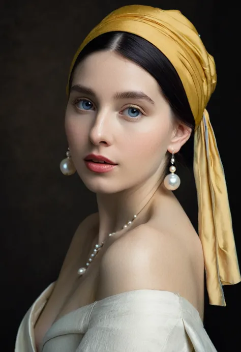 A photo of a woman. Pose is inspired by Girl with a pearl earring. Showing bare shoulder