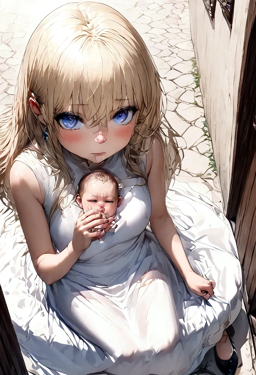 anime. baby. princess. blonde. long hair. blue eyes. beautiful eyes. light dress. shoes. cold. runny nose. snot. nasal mucus. sn...