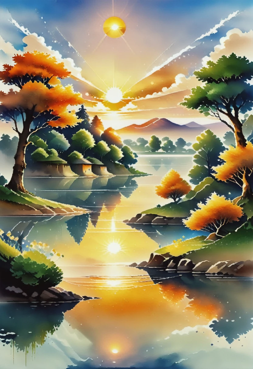 This is a beautiful landscape photo of a village by a lake during sunset. The sky is orange and the sun is shining through the trees, creating a warm and serene atmosphere. 4k, anime