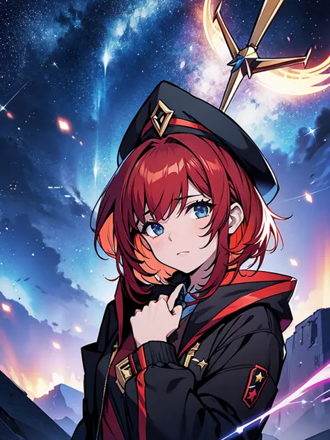 Teenage girl with red hair, short bob hair, wizard's hat, black clothes, wizard's wand, starry sky background