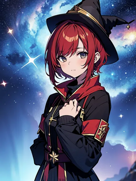 Teenage girl with red hair, short bob hair, wizard's hat, black clothes, wizard's wand, starry sky background