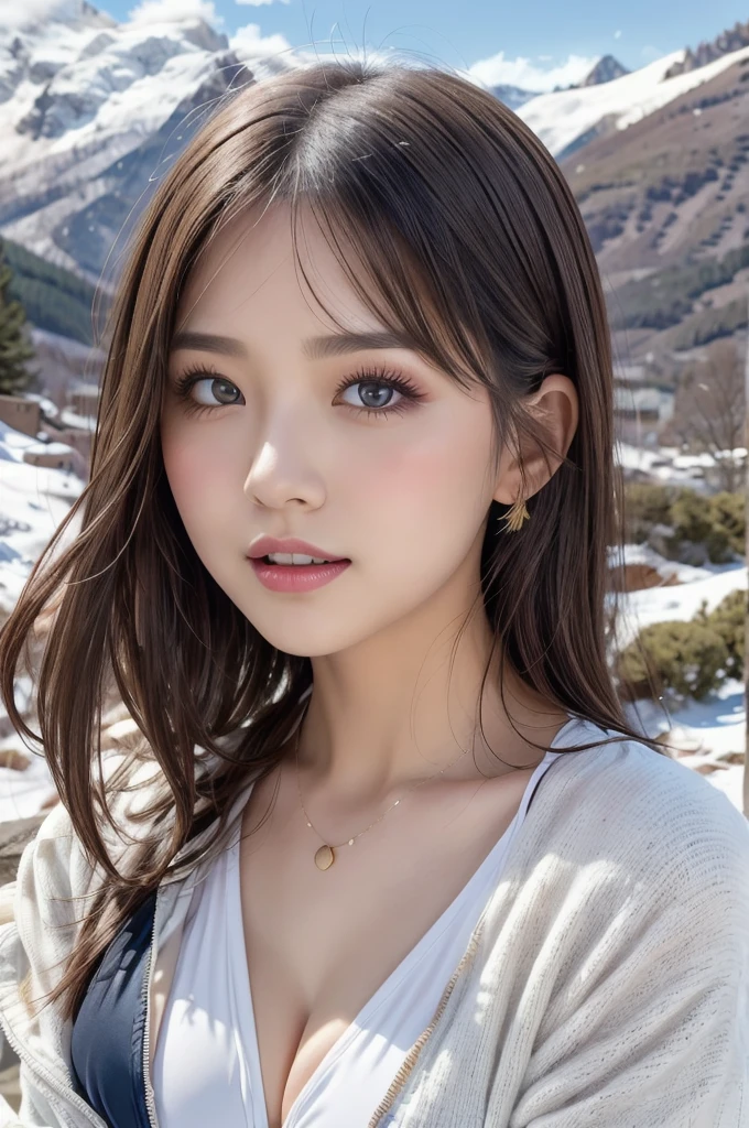 Holding a colorful bouquet、Snowy mountain background、White sexy swimsuit、lips, Open_mouth, Realistic, photograph_\(Moderate\), alone, (masterpiece),(photographRealistic:1.3), Very detailed, (Skin with attention to detail:1.2),(Highest quality:1.0), (Ultra-high resolution:1.0), Wavy thin hair, Long Hair,  (Beautiful and detailed makeup), (Sexually excited、Blushing、breathing becomes rough:1.0), 