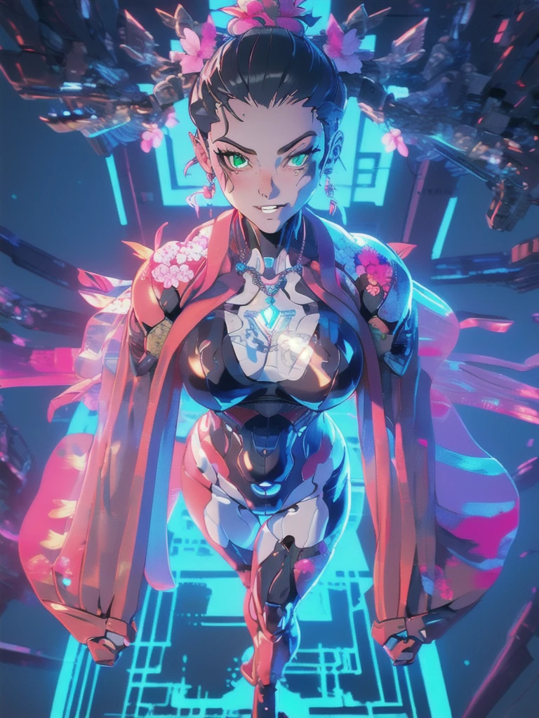 1girl, mecha, city, full body, floating, ass pov, from above, power armor, dynamic pose, white long wavy hair, green eyes with pink tint, in a red latex catsuit, the power of fire comes out of your hands, look at the viewer, tricky glance, grin, winks, fiery flowers grow from strands of hair, pink necklace with diamond, slightly plump physique, wide hips, dark atmosphere