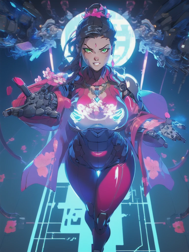 1girl, mecha, city, full body, floating, ass pov, from above, power armor, dynamic pose, white long wavy hair, green eyes with pink tint, in a red latex catsuit, the power of fire comes out of your hands, look at the viewer, tricky glance, grin, winks, fiery flowers grow from strands of hair, pink necklace with diamond, slightly plump physique, wide hips, dark atmosphere