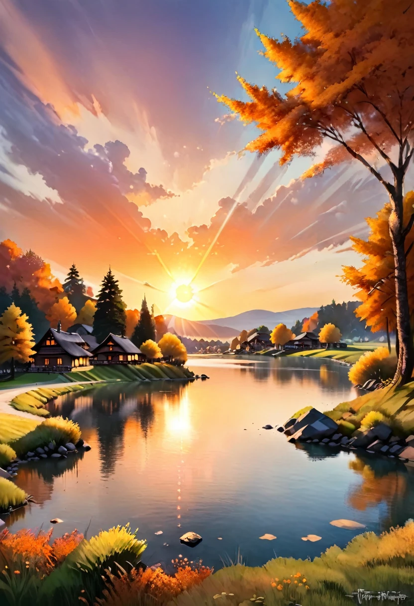 This is a beautiful landscape photo of a village by a lake during sunset. The sky is orange and the sun is shining through the trees, creating a warm and serene atmosphere. 4k, anime