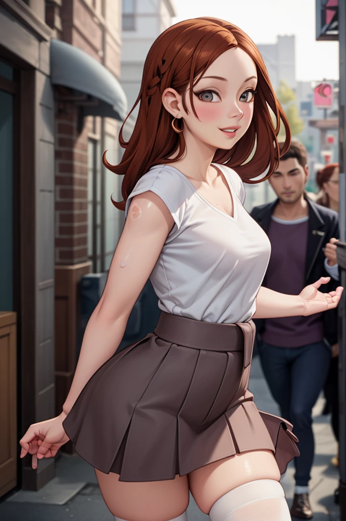 (1 girl), (8k), (4k), (masterpiece), (best quality), (from the side), whole body, (skin dent: 1.3), (photorealistic face), (medium small breasts) ), Fantasy, Highly Detailed, Complex, Highly Detailed, (Perfect Face), Illustration, Soft Lighting, (Specular Lighting: 1.4) (Realistic), Photorealistic, Octane Rendering, (Hyperrealistic :1.2), (Skirt, Shirt: 1.1), White legwear, Small of the waist, Top quality, (Street: 1.3), Outdoors, Dynamic pose, Smile, Parted lips, Staring viewer, Sharp focus, Who's looking? Beautiful face too,