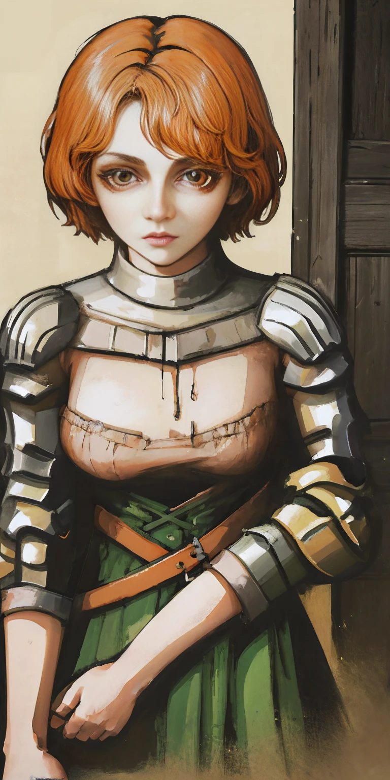 funger, very detailed illustration, 1girl, big breasts, highres, high quality, masterpiece, looking at viewer, (knight), orange hair, absurdres, ultra-detailed, short hair