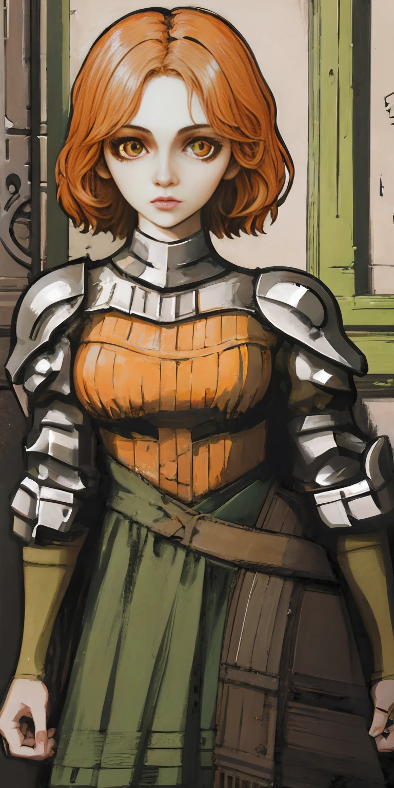 funger, very detailed illustration, 1girl, big breasts, highres, high quality, masterpiece, looking at viewer, (knight), orange hair, absurdres, ultra-detailed, short hair