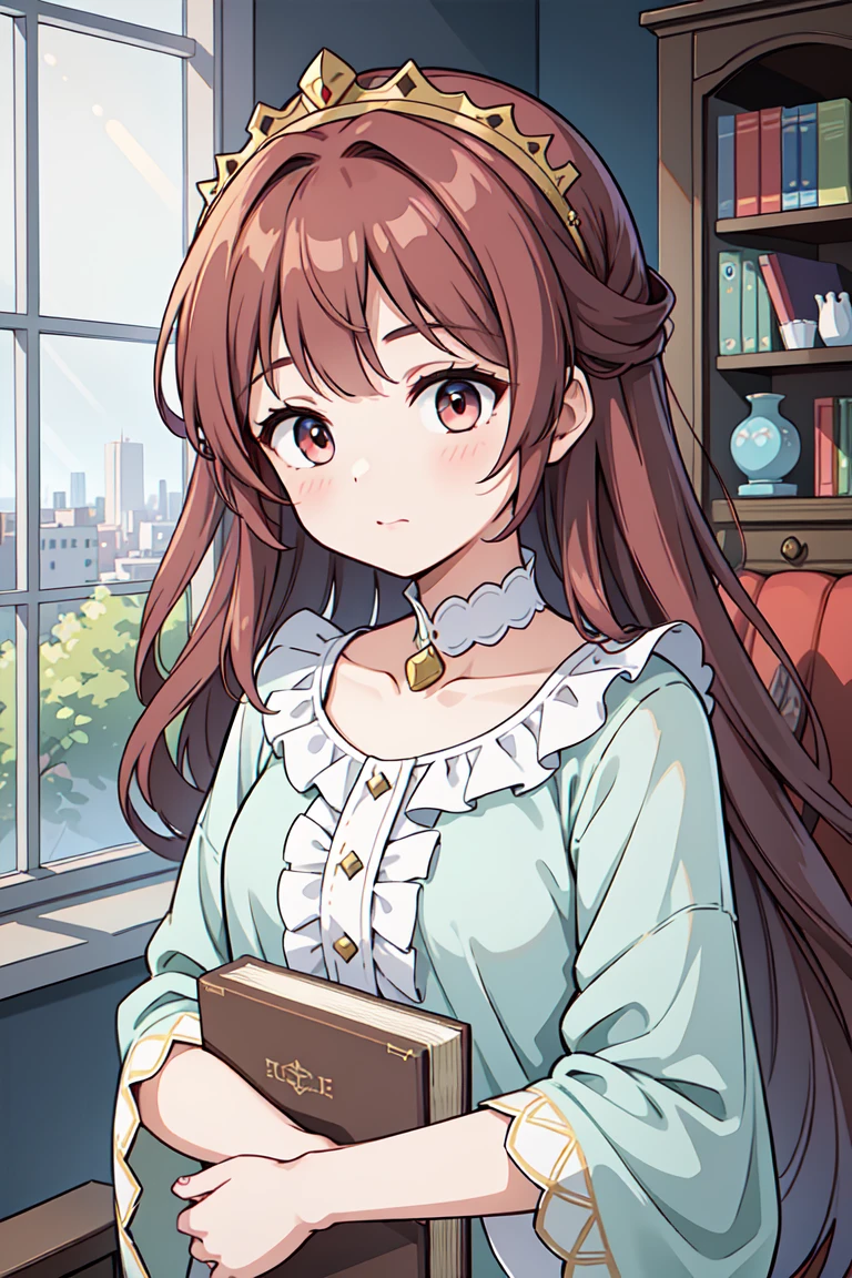 Subject: A portrait of a young princess with long, flowing auburn hair in gentle waves. Her bright red eyes gaze directly at the viewer, holding a depth of quiet wisdom and calmness. Her expression is serene and composed, with a hint of regality in the set of her jaw.  Her clothing is a mix of elegance and practicality, perhaps a flowing dress in a calming blue or green, adorned with subtle embroidery that hints at her royal status.

Style: Fantasy, anime, elegant

Additional details:

Accentuate the youthful features with smooth, clear skin and a hint of rosy cheeks.
Consider adding a jeweled headband or a simple crown to maintain a touch of royalty.
Instead of a playful animal or books, picture her holding a single, elegant flower or a closed book cradled respectfully in her arms.
The background can be a calming and serene scene, like a tranquil library or a balcony overlooking a peaceful garden bathed in morning light.