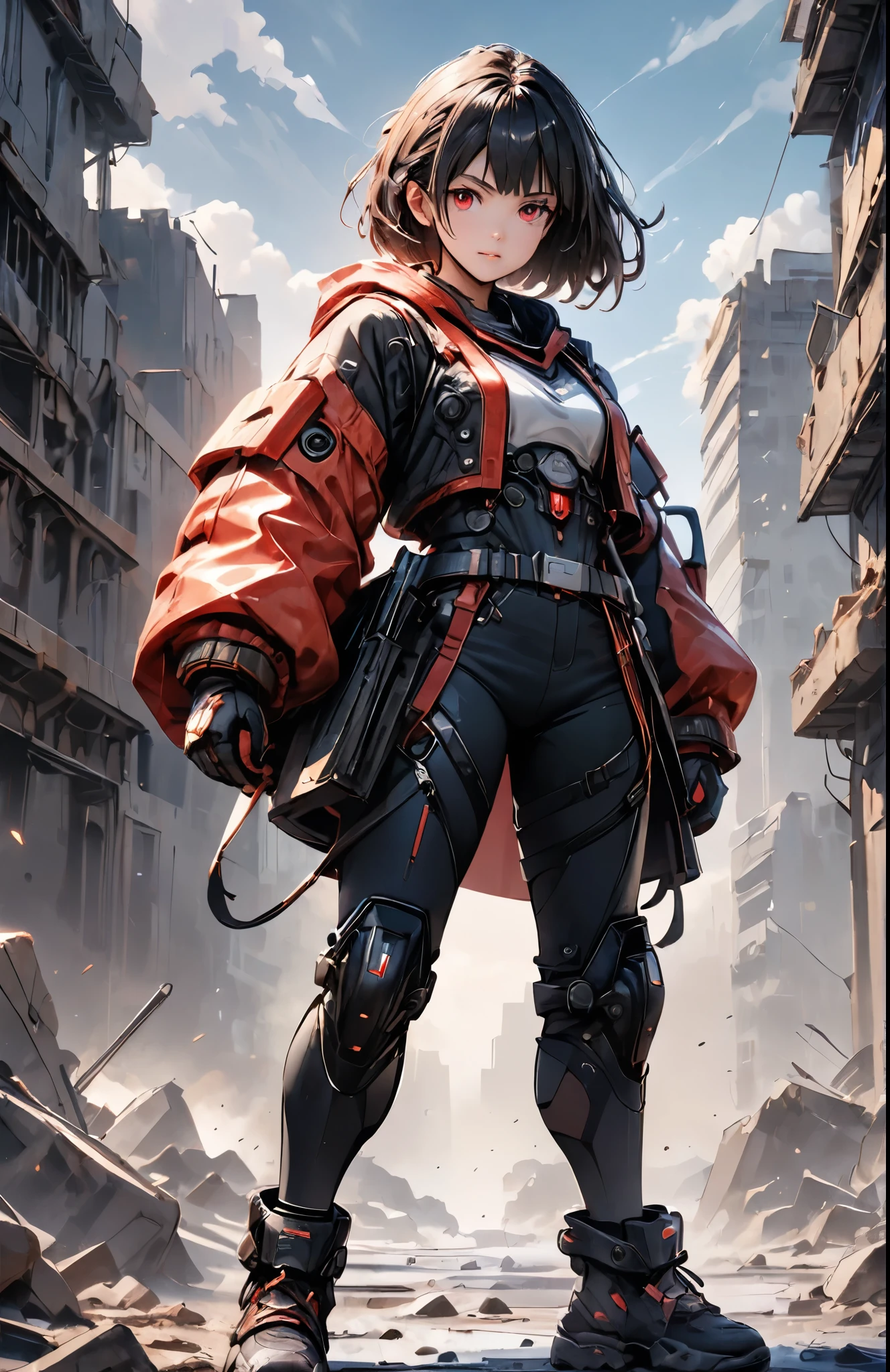 anime style, UHD, masterpiece, accurate, anatomically correct, super detail, high details, best quality, highres, 4K, 8k, 16k,A young female warrior in a high-tech black powered exosuit with glowing red LED accents, standing on rubble in a post-apocalyptic setting, photorealistic anime style, short black bob hairstyle, glowing red eyes, holding a rifle in one hand, wearing a tattered robe, confident and fierce expression