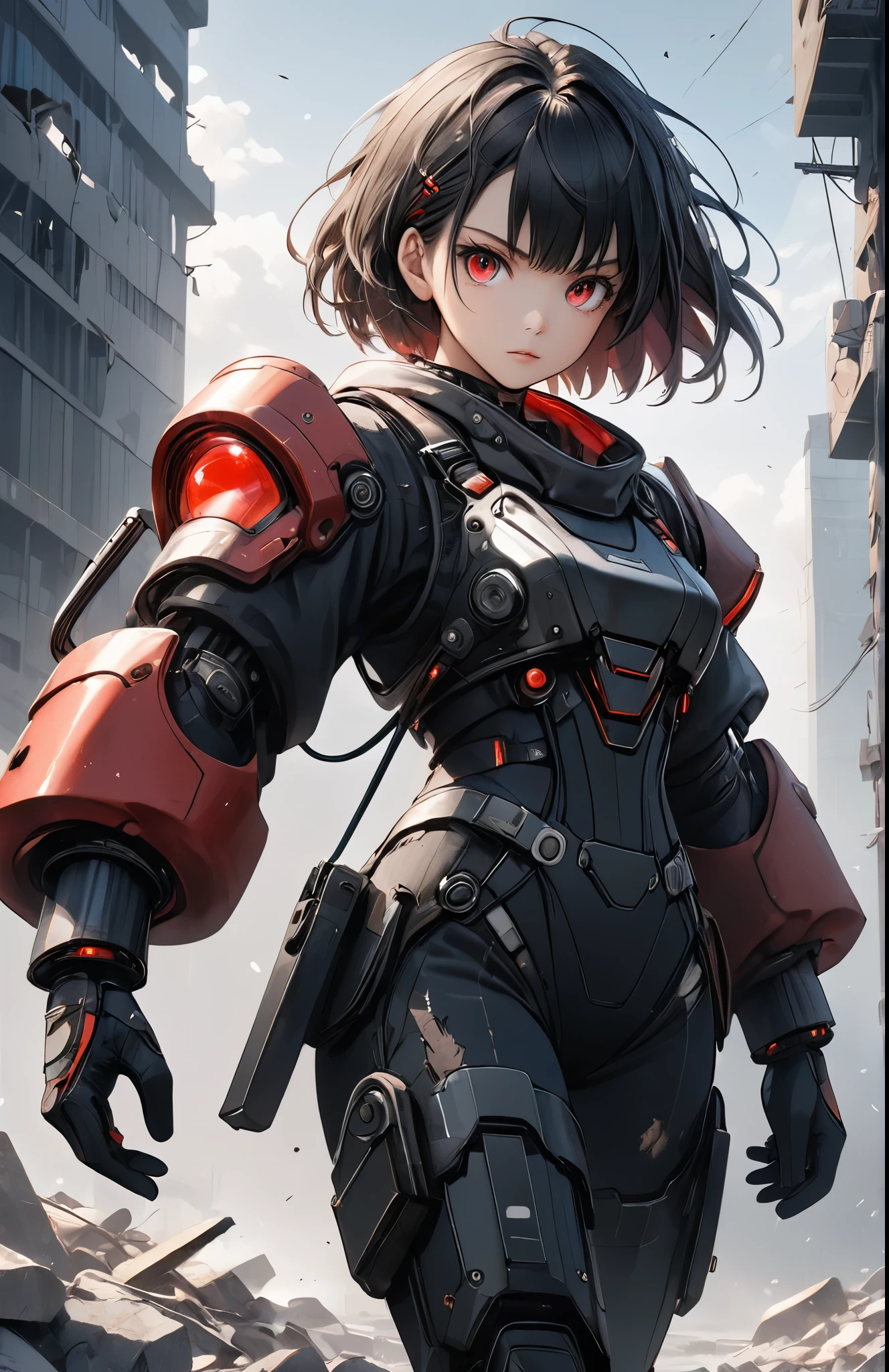 (anime style:1.4),超High resolution, Attention to detail, high quality, High resolution, 最high quality, 4K, 8K,A young female warrior in a high-tech black powered exosuit with glowing red LED accents, standing on rubble in a post-apocalyptic setting, photorealistic anime style, short black bob hairstyle, glowing red eyes, holding a rifle in one hand, ((wearing a tattered, billowing robe that is heavily damaged and frayed)), confident and fierce expression