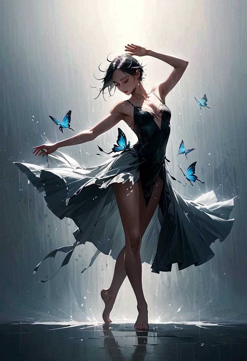 靈魂舞者馬克,無家可歸的人獨自在雨中跳舞，靈魂，赤腳，寬鬆且破舊的衣服，專業芭蕾舞動作，指尖1隻蝴蝶，長腿，很有感染力，濺，光與影，極簡主義，意境，乾淨的背景
