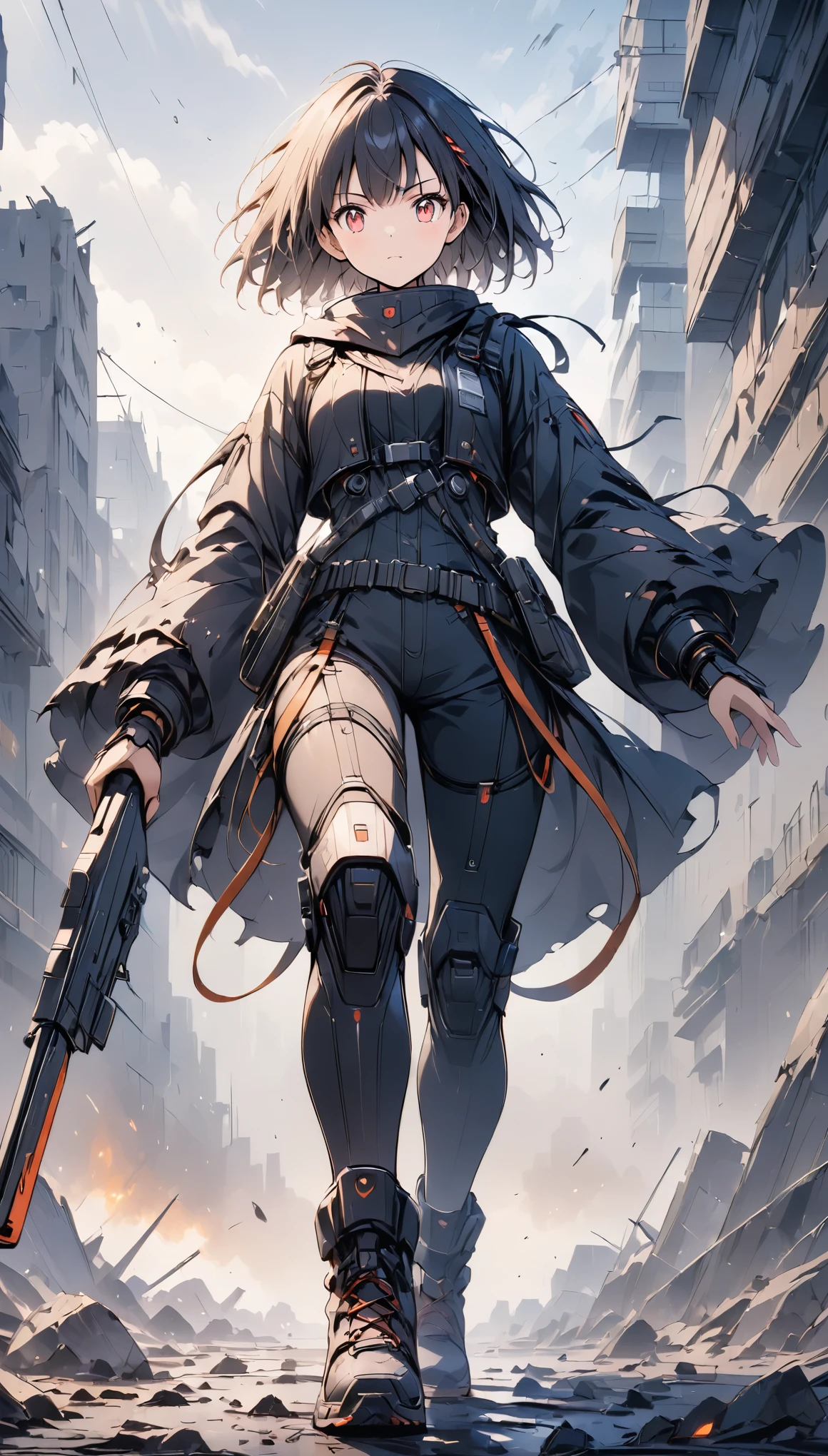 (anime style:1.4),超High resolution, Attention to detail, high quality, High resolution, 最high quality, 4K, 8K,A young female warrior in a high-tech black powered exosuit with glowing red LED accents, standing on rubble in a post-apocalyptic setting, photorealistic anime style, short black bob hairstyle, glowing red eyes, holding a rifle in one hand, ((wearing a tattered, billowing robe that is heavily damaged and frayed)), confident and fierce expression,かわいい