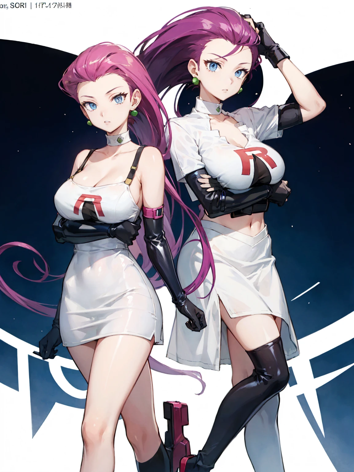 Jessie Pokemon, jewelry, Official Art,(Team Rocket:1.3, Black arm guard, Black knee-high socks, White Skirt, white crop shirt) , blue eyes,   One girl,  Purple Hair, Earrings, clavicle, I slicked my hair back., Part your lips, Blurred Background, Big Breasts