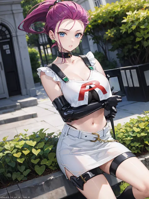 Jessie Pokemon, jewelry, Official Art,(Team Rocket:1.3, Black arm guard, Black knee-high socks, White Skirt, white crop shirt) ,...