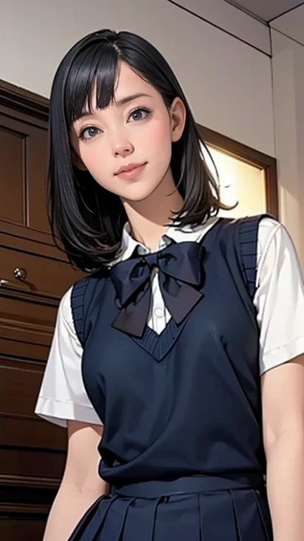 (masterpiece:1.2, Highest quality), (Realistic, photoRealistic:1.4), Beautiful illustrations, (Natural Side Lighting, Cinema Lighting), Written boundary depth, Looking at the audience, (Face Focus, Upper Body), Front view, 1 Girl, Japanese, high school girl, 15 years old, Perfect Face, Cute symmetrical face, Shiny skin, (Bob Hair:1.7,Black Hair), Asymmetrical bangs, Big eyes, Droopy eyes, long eyelashes chest), thin, Beautiful Hair, Beautiful Face, Beautiful and beautiful eyes, Beautiful clavicle, Beautiful body, Beautiful breasts, Beautiful thighs, Beautiful legs, Beautiful fingers, ((High-quality fabric, brown knit vest, Short sleeve white collar shirt, Navy Pleated Skirt, Navy bow tie)), (Beautiful views), evening, (Inside the flower shop), Are standing, (smile, Superior, Open your mouth), (From below:1.5),(Poor visibility:1.5), 