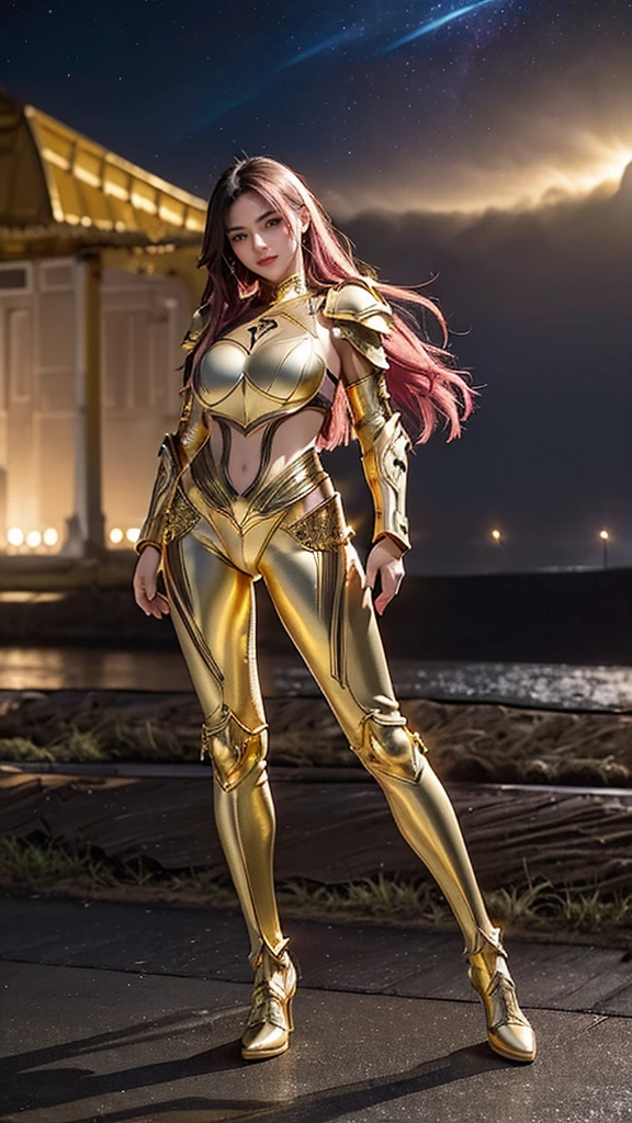 ((best quality)), ((masterpiece)), (ultra detailed lights), ((full body:1.3)), ((skinny body)), 1girl, extremely beautiful, ((slim body)), thighs gap, ultra face details, 20 years old, ((pink curvy-hair)), ((hair blown by strong winds :1.3)), Award-winning photograph, ((symmetrical pose)), ((full body golden armor)), posing in the middle, intricate details, ((thight golden armour)), ((extremely details armor)), ((tight latex pants)), ((full thighs golden armor)), ((24k-gold armor)), ((edge luminous armor)), cameltoe, luminescent, epic lights reflections, at beach, full of stars, orange clouds, nebula sky, aurora borealis, shooting stars, ((from below))