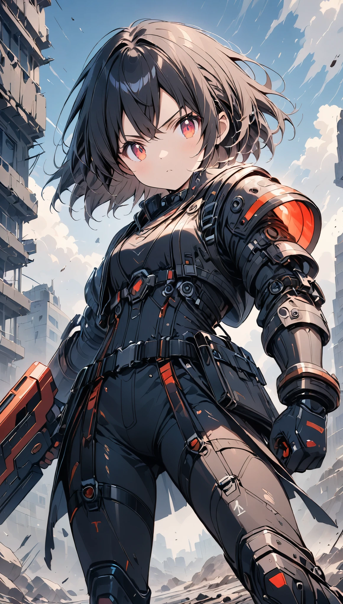 (anime style:1.4),(Detailed depiction of faces),超High resolution, Attention to detail, high quality, High resolution, 最high quality, 4K, 8K,A young female warrior in a high-tech black powered exosuit with glowing red LED accents, standing on rubble in a post-apocalyptic setting, photorealistic anime style, short black bob hairstyle, glowing red eyes, holding a rifle in one hand, ((wearing a tattered, billowing robe that is heavily damaged and frayed)), confident and fierce expression,cute,close-up