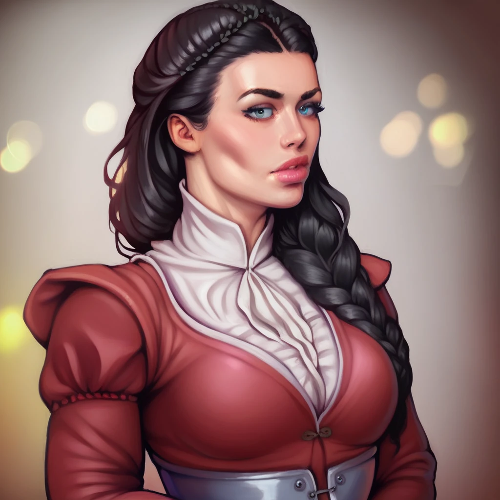 a young woman with long black hair, beautiful detailed eyes, beautiful detailed lips, extremely detailed and realistic face, long eyelashes, medieval style dress, waist exposed, simple background, (best quality,4k,8k,highres,masterpiece:1.2),ultra-detailed,(realistic,photorealistic,photo-realistic:1.37),HDR,UHD,studio lighting,ultra-fine painting,sharp focus,physically-based rendering,extreme detail description,professional,vivid colors,bokeh,portrait