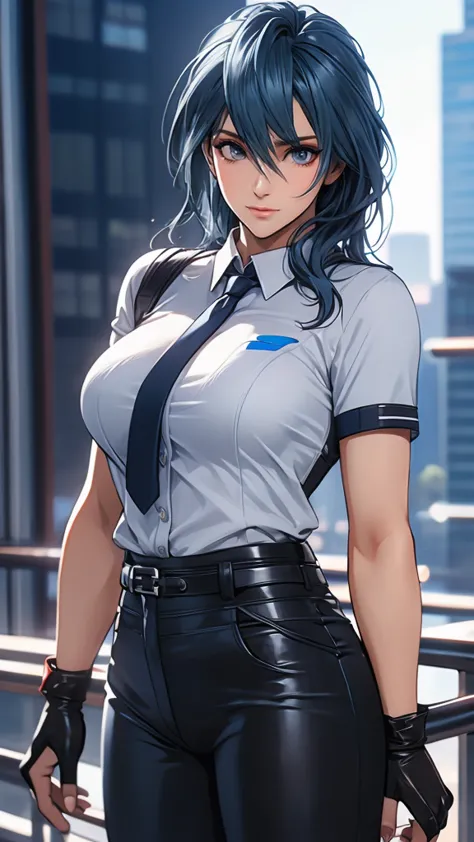 1 Female, Tamaki, hair between eyes, (detailed eyes:1.3), Business shirts, tie, tight suit trousers, Leather Holster, fingerless...