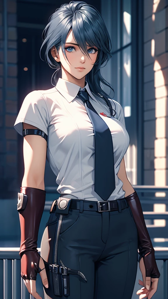 1 Female, Tamaki, hair between eyes, (detailed eyes:1.3), Business shirts, tie, tight suit trousers, Leather Holster, fingerless gloves