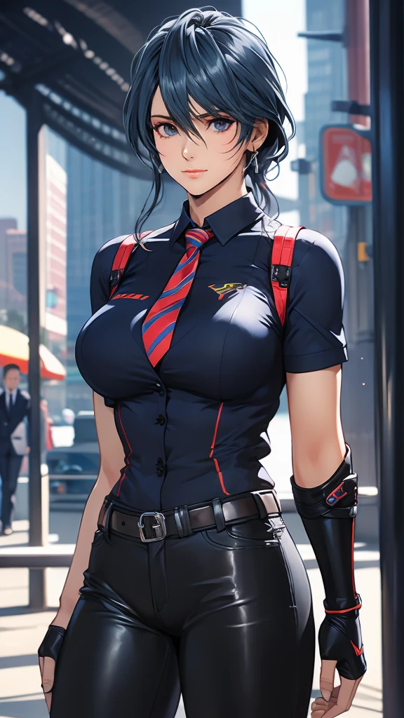 1 Female, Tamaki, hair between eyes, (detailed eyes:1.3), Business shirts, tie, tight suit trousers, Leather Holster, fingerless gloves