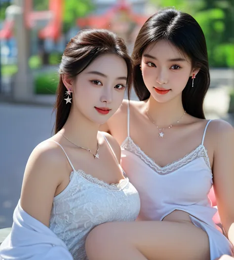 Chinese beauties with beautiful faces，22 years old，Disneyland in the background，Wearing white lace camisole，Skin is white，sunris...