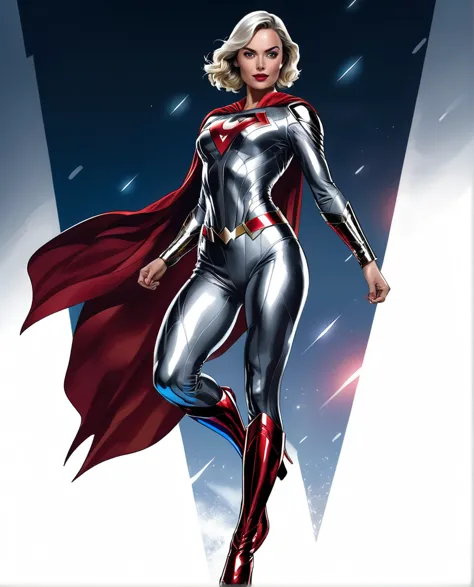 close-up of a woman in a silver suit and red cape, strong girl, like a retrofuturistic heroine, as a retro-futuristic heroine, f...