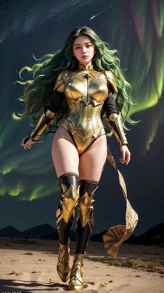 ((best quality)), ((masterpiece)), (ultra detailed lights), ((full body shot)), ((tall girl)), ((fit body)), teen girl, extremely beautiful, perfect eyes, ((slim body)), thighs gap, ultra face details, 20 years old, ((green wavy hair:1.2)), ((hair blown by strong winds :1.3)), Award-winning photograph, ((symmetrical pose)), ((teen goddess girl)), ((full body golden black armor:1.3)) are in the middle of battlefield, posing in the middle, intricate details, ((thight golden armour)), ((extremely details armor)), ((tight latex panties)), ((full legs armor:1.2)), ((24k-gold armor)), ((edge luminous armor)), cameltoe, luminescent, epic lights reflections, ((Athena's golden bow), at beach, full of stars, orange clouds, nebula sky, epic aurora borealis in the background, shooting stars, ((from below))