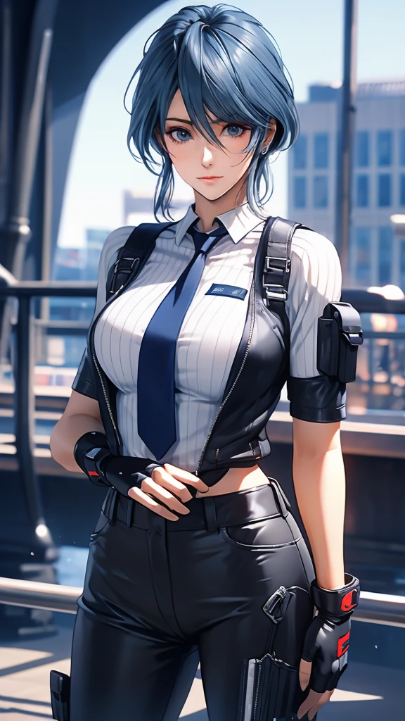 1 Female, Tamaki, short hair, hair between eyes, (detailed eyes:1.3), Business shirts, tie, tight suit trousers, Leather Holster, fingerless gloves