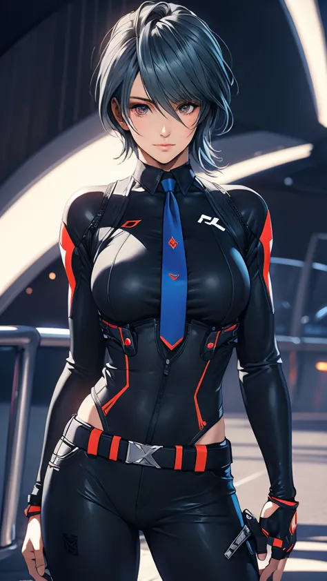 1 Female, Tamaki, short hair, hair between eyes, (detailed eyes:1.3), Business shirts, tie, tight suit trousers, Leather Holster...