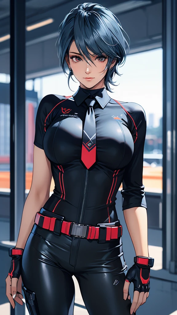 1 Female, Tamaki, short hair, hair between eyes, (detailed eyes:1.3), Business shirts, tie, tight suit trousers, Leather Holster, fingerless gloves