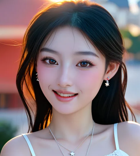 A Chinese beauty with beautiful face，22 years old，Disneyland in the background，Wearing white lace camisole，Skin is white，sunrise...