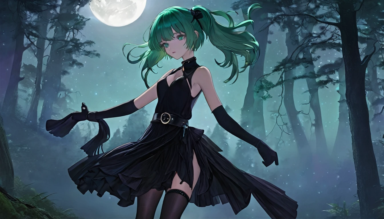 ubel,1girl,green hair, bangs,hair between eyes,side ponytail, purple eyes, black choker, collarbone, sleeveless, black dress,sleeveless dress, halterneck,pleated skirt, black gloves,belt,black footwear, forest, dark forest, night, moonlight, moonrays, fog